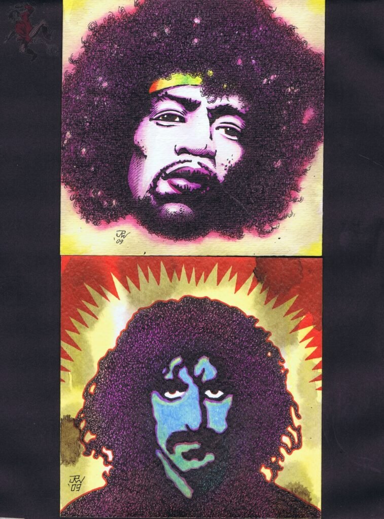 Jimi Hendrix e Frank Zappa dipinti di J.R. Williams