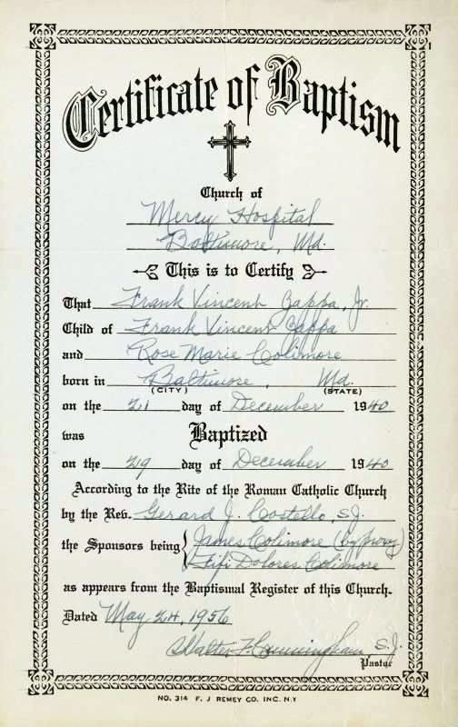 Certificato di battesimo di Frank Zappa